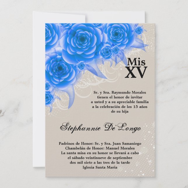 5x7 Rosas azuis Convite de aniversário para quince (Frente)