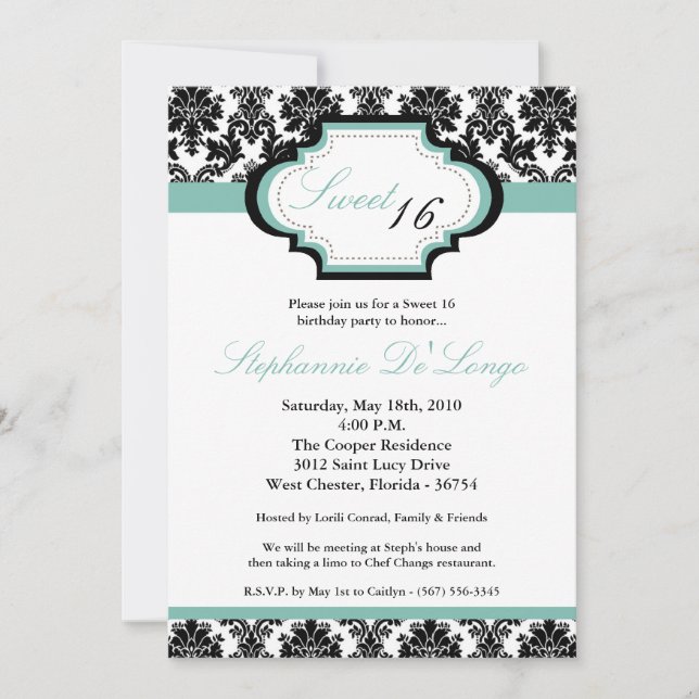 5x7 TiffanyBlu Damask Sweet 16 Convite de Aniversá (Frente)