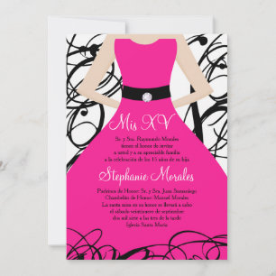 5x7 Vestido Rosa Quente Quinceanera Convite de Ani