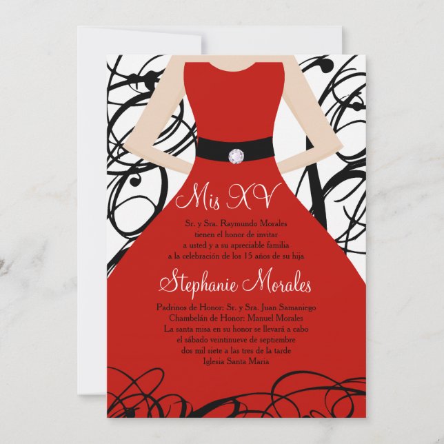 5x7 Vestido Vermelho Quinceanera Convite de Aniver (Frente)
