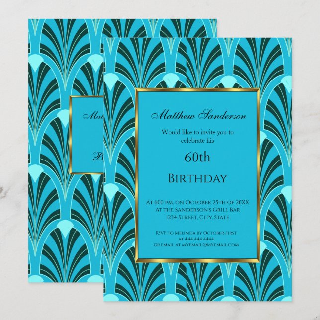 60º Aniversário Convite Art Deco Green Blue Teal (Frente/Verso)