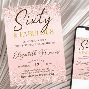 60º Aniversário Convite para Impressão Rosa Dourad