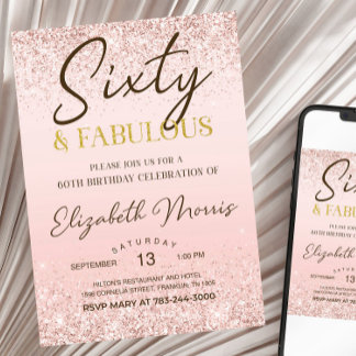 60º Aniversário Convite para Impressão Rosa Dourad