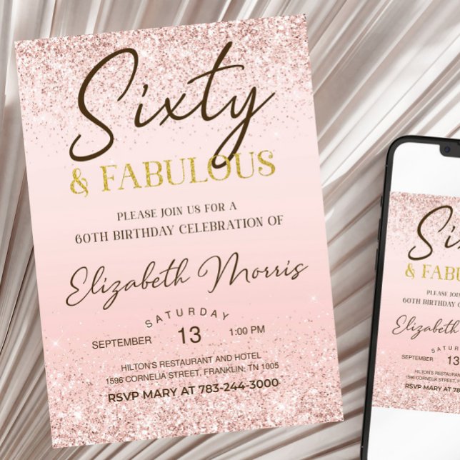 60º Aniversário Convite para Impressão Rosa Dourad (Criador carregado)