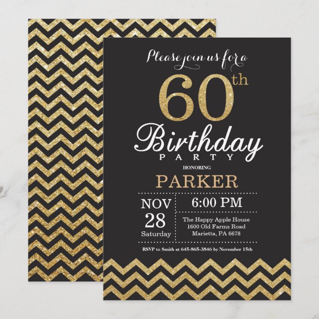 60º Aniversário Convite Preto e Dourado (Frente/Verso)