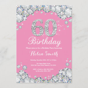 60º Aniversário Convite Rosa e Diamante Prateado