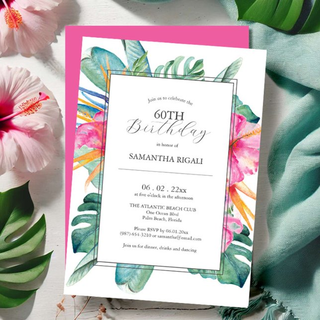 60º Aniversário Convites Tropicais Luau (60th birthday invitations for her tropical floral palm leaf art Victoria Grigaliunas DoTellABelle)