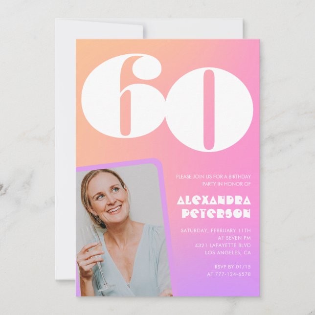 60º aniversário de convites rosa para a sua Foto R (Frente)