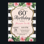 60º Aniversário do Convite às Mulheres. Preto Dour<br><div class="desc">60º Convite de Aniversário para Mulheres. Convidar Festa de aniversário preto e Dourado. Dourada Glitter. Flor Floral Cor de Água Rosa. Black and White Stripes. Digital Imprimível. Para mais personalização,  clique no botão "Personalizar" e use nossa ferramenta de design para modificar este modelo.</div>