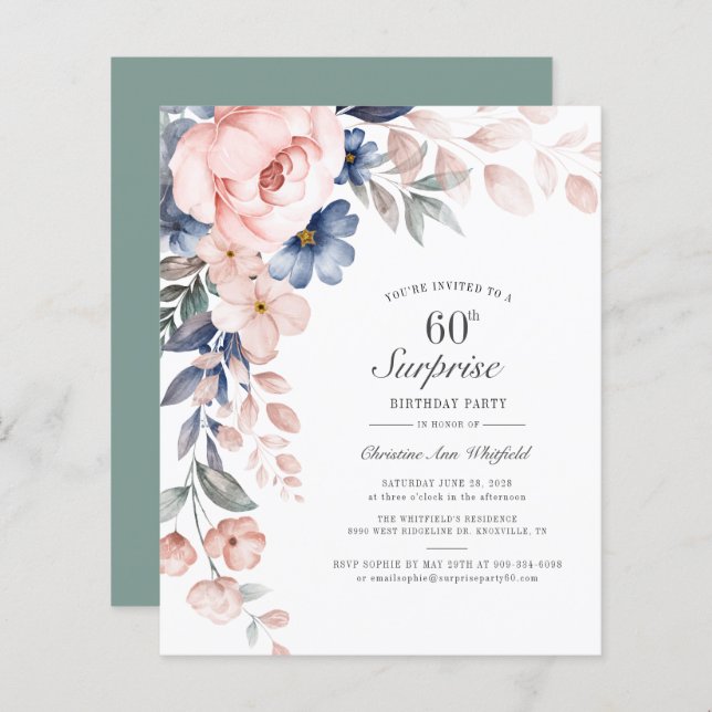 60º Aniversário do Convite de Script Floral Rosa (Frente/Verso)