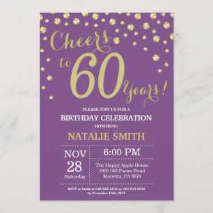 60º Convite à Diamante de Aniversário, Roxo e Dour
