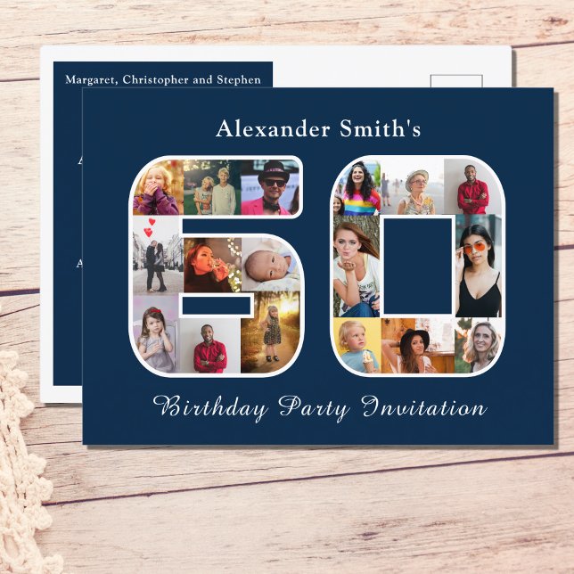 60º Convite de Aniversário 60 Foto Azul Escuro (Personalized 60th birthday postcard invitation. Dark blue with photo collage template.)