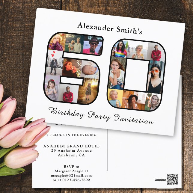 60º Convite de Aniversário 60 Foto Preta Branca (Personalized 60th birthday party invitation with photo collage template.)