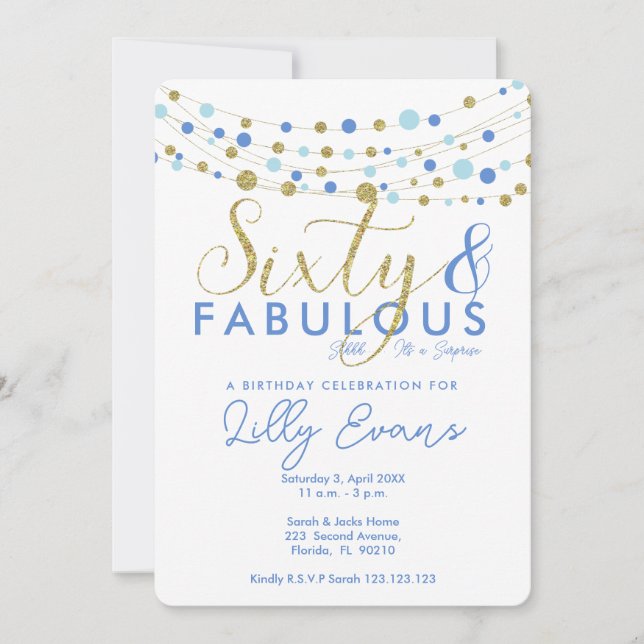 60º convite de aniversário, azul e ouro, (Frente)