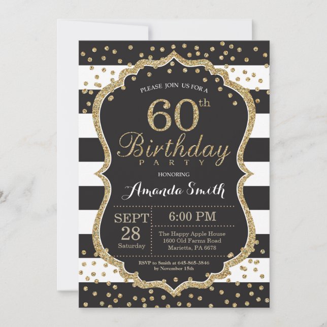 60º Convite de Aniversário. Brilho preto e Dourado (Frente)
