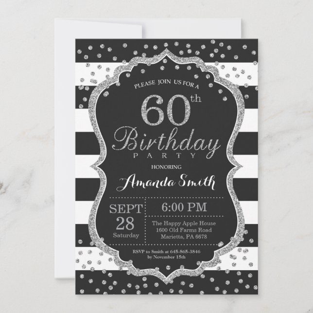 60º Convite de Aniversário. Brilho preto e pratead (Frente)