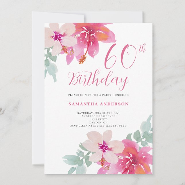 60º Convite de Aniversário, de cor rosa tropical (Frente)