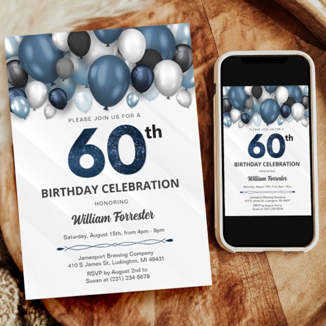 60º Convite de Aniversário do Blue Silver Black &  (Blue Silver Black & White 60th Birthday Invitation)
