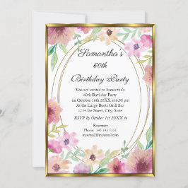 60º Convite de aniversário Dourado Floral Branco