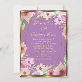 60º Convite de aniversário Dourado Floral Roxo