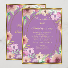 60º Convite de aniversário Dourado Floral Roxo
