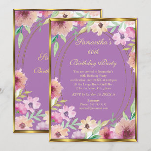 60º Convite de aniversário Dourado Floral Roxo