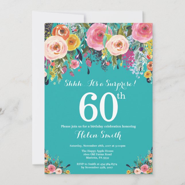 60º Convite de Aniversário para a Surpresa Teal Fl (Frente)