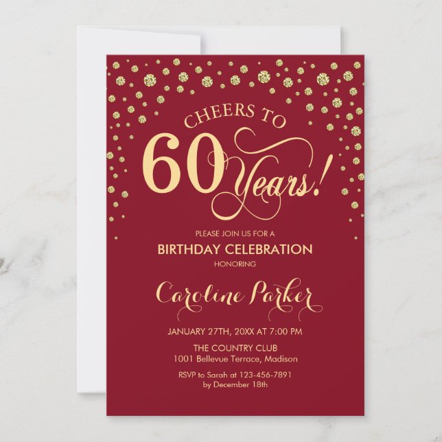 60º Convite de aniversário - Vermelho Dourado (Frente)