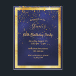 60º convite de confete em ouro azul festa de anive<br><div class="desc">Na frente: Uma moderna carta de 60º convite de aniversário para homens. Um fundo azul escuro,  azul marinho. A cor azul é irregular. Com um falso quadro de ouro e um confete de ouro,  letras coloridas de ouro. Modelos para informações sobre a sua parte. Fundo branco.</div>