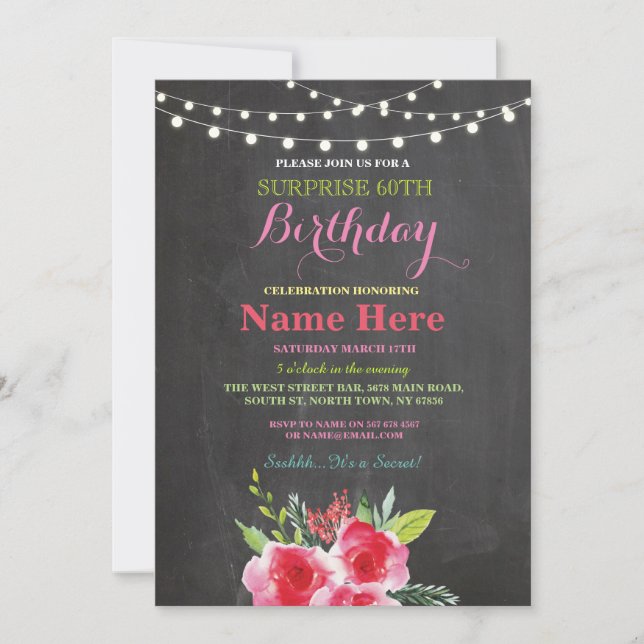 60º Convite de Placa Floral de Chalkboard (Frente)