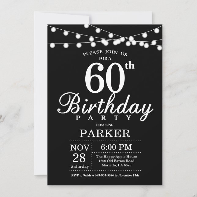 60.º Aniversário Convite Preto e Branco (Frente)