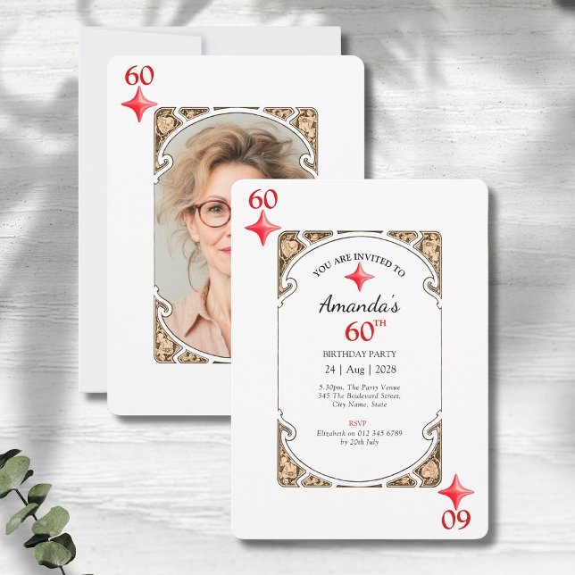 60.º Aniversário do Cartão de Jogada Diamante (60th birthday party invitations with an art deco playing card design on a grey wood background)