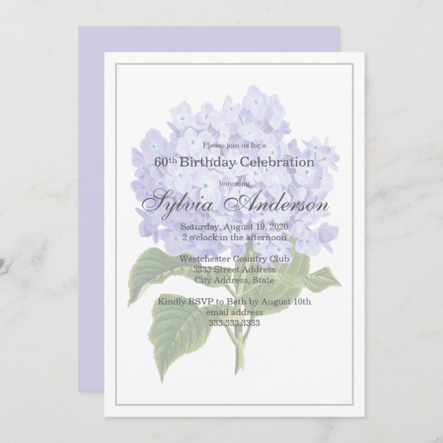 60. º Aniversário Lavanda Hydrangea Convite (Frente/Verso)