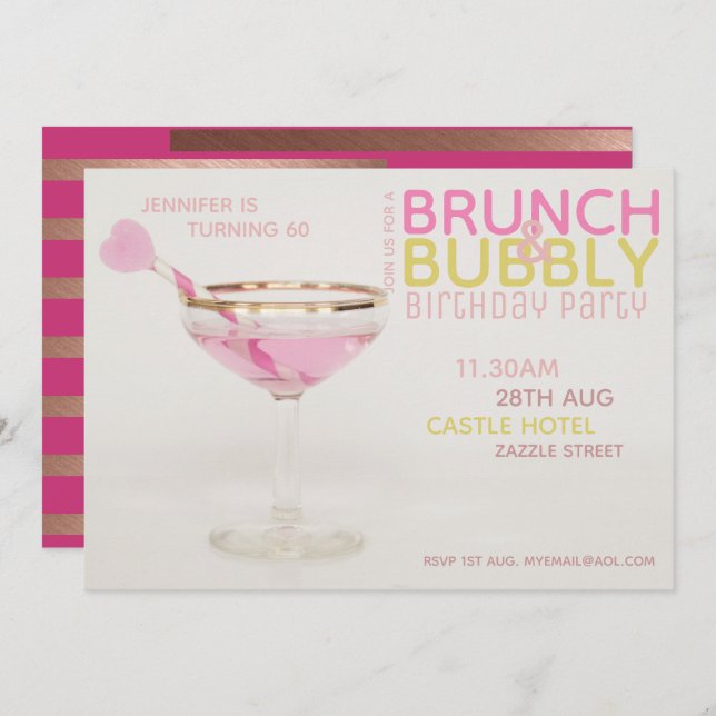 60.º BRUNCH DOURADO PINK DE Convite BUBBLY (Frente/Verso)