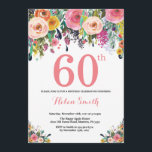 60.º Convite de Aniversário, cor-de-rosa<br><div class="desc">60º Aniversário Floral Convite para Mulheres. Flor Floral de Aquarela. Rosa, Amarelo, Laranja, Flor Roxo. Aniversário Adulto. 30 40th 50th 60th 80 de 70 de 100th 13 de 16th 18th 20 21rua de qualquer idade. Para mais personalização, clique no botão "Personalizar" e use nossa ferramenta de design para modificar este...</div>