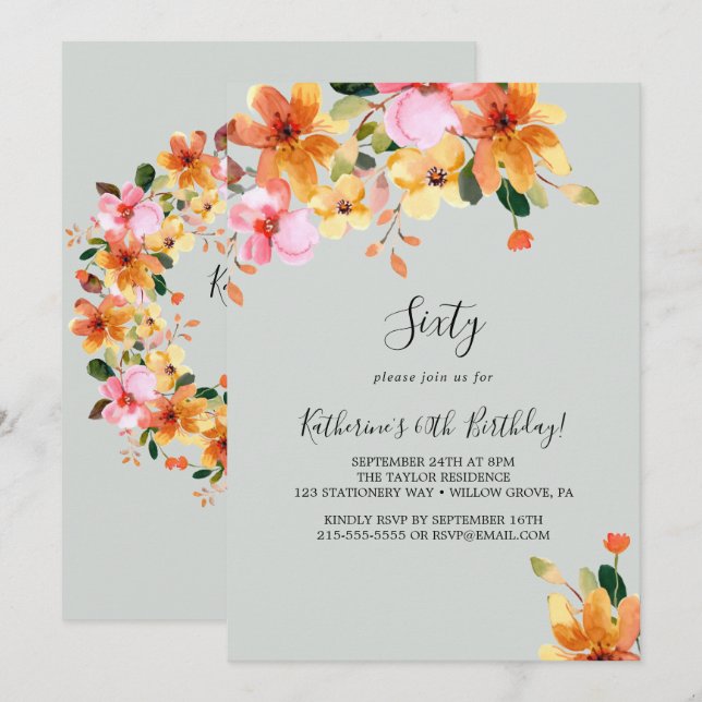 60. º Convite de Aniversário Pintado por Elegante (Frente/Verso)