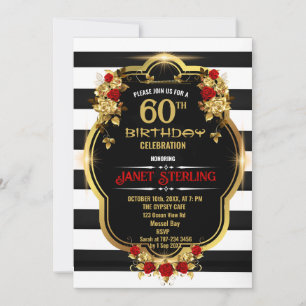 60.º Convite de aniversário Preto, Branco e Dourad