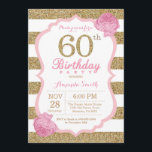 60. º Convite de Aniversário, Rosa e Dourado<br><div class="desc">60º Aniversário,  rosa e Dourado. Rosa e Dourado brilho. Listras brancas e rosa. Flor Floral Rosa. Aniversário Adulto. Festa de aniversário feminina.
Para mais personalização,  clique no botão "Personalizar" e use a ferramenta design para modificar este modelo.</div>