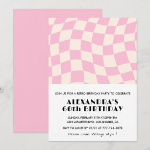 60 convites de aniversário Checkered Retro Pink