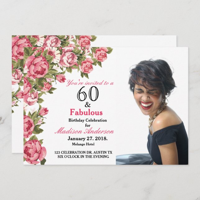 60 e Fabuloso Floral | 60º Convites de Aniversário (Frente/Verso)