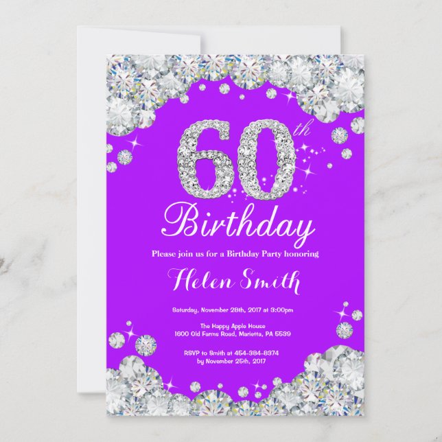 60.o Aniversário Convite Roxo e Diamante Prateado (Frente)