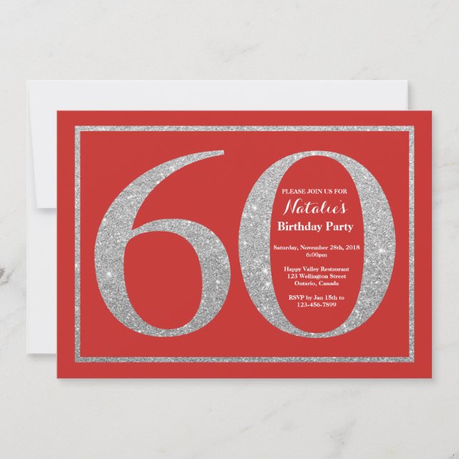 60.o Aniversário Convite Vermelho e Silver Glitter (Frente)