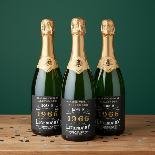 60th Birthday Legend Add Your Name 1966 Vintage (Born 1966 sparkling wine bottle labels. Green background.)