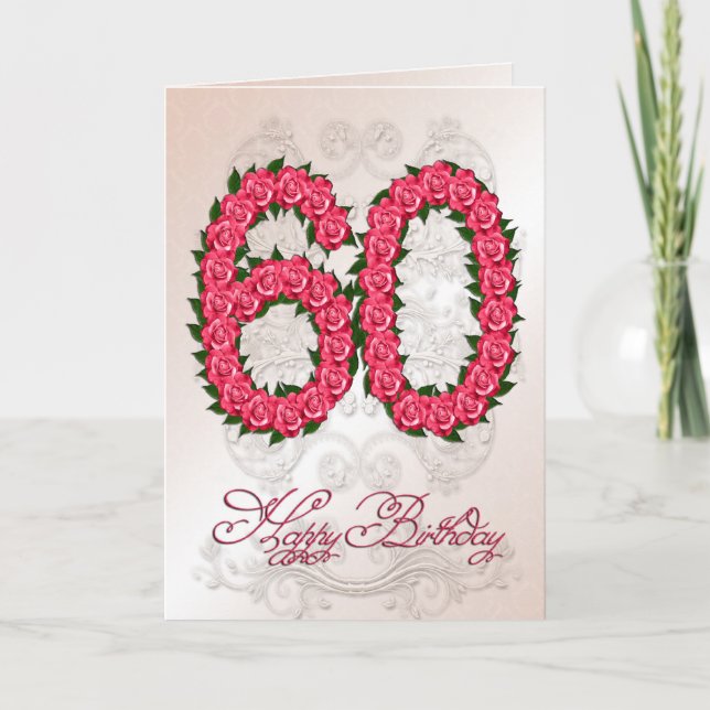 60th cartão de aniversário com rosas e folhas (Frente)