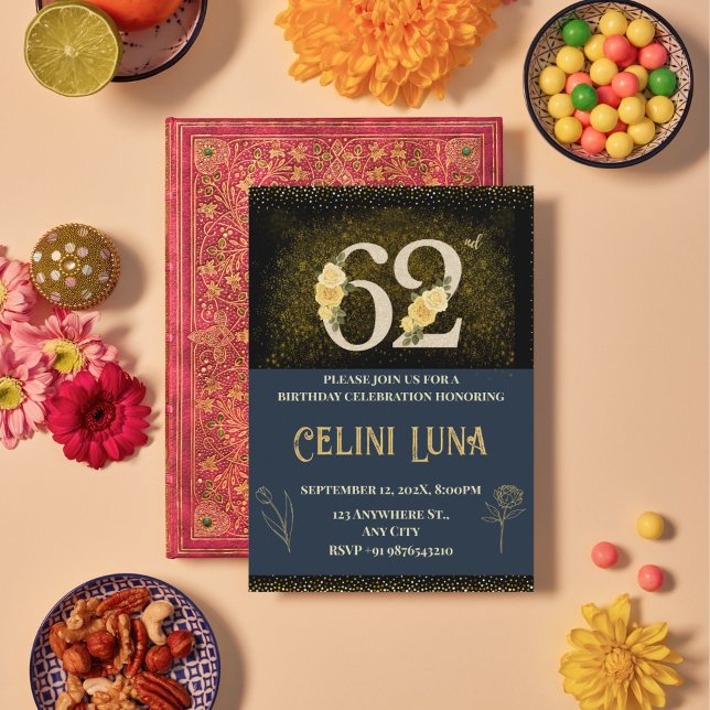 62º Convites de Aniversário Dourados e Pretos (Gold & Black 62nd Birthday Invitations)