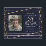 65.º aniversário Foto Azul Folha de Papel Dourada<br><div class="desc">Elegante borda de ouro Faux com os destaques de confete em cima. Todo o texto é ajustável e fácil de mudar para as necessidades do seu próprio partido. design excelente de 65 anos elegante.</div>