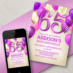 65.o Convite de Balões Rosa de Aniversário