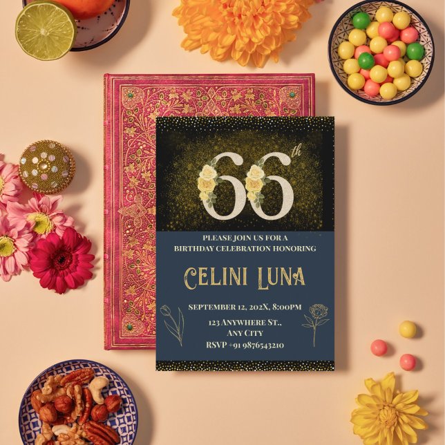 66.º Convites de Aniversário Dourados e Pretos (Gold & Black 66th Birthday Invitations)