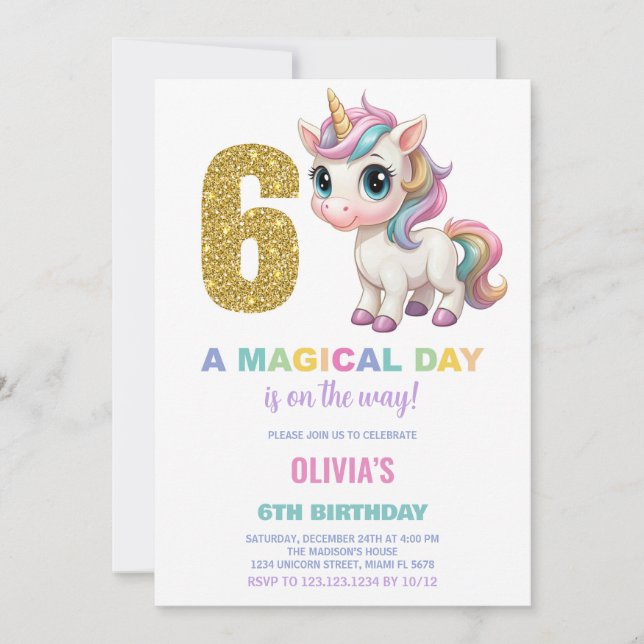 6 Birthday Unicorn Birthday - Convites de Aniversá (Frente)