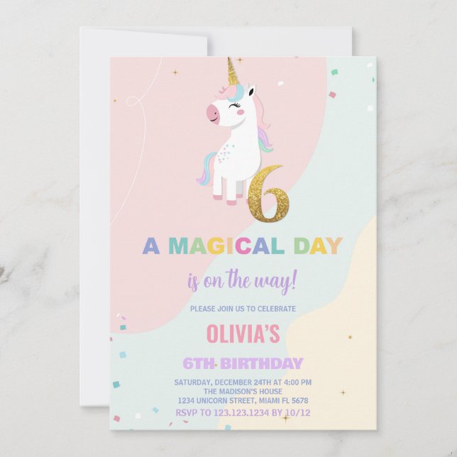 6 Birthday Unicorn Birthday - Convites de Aniversá (Frente)